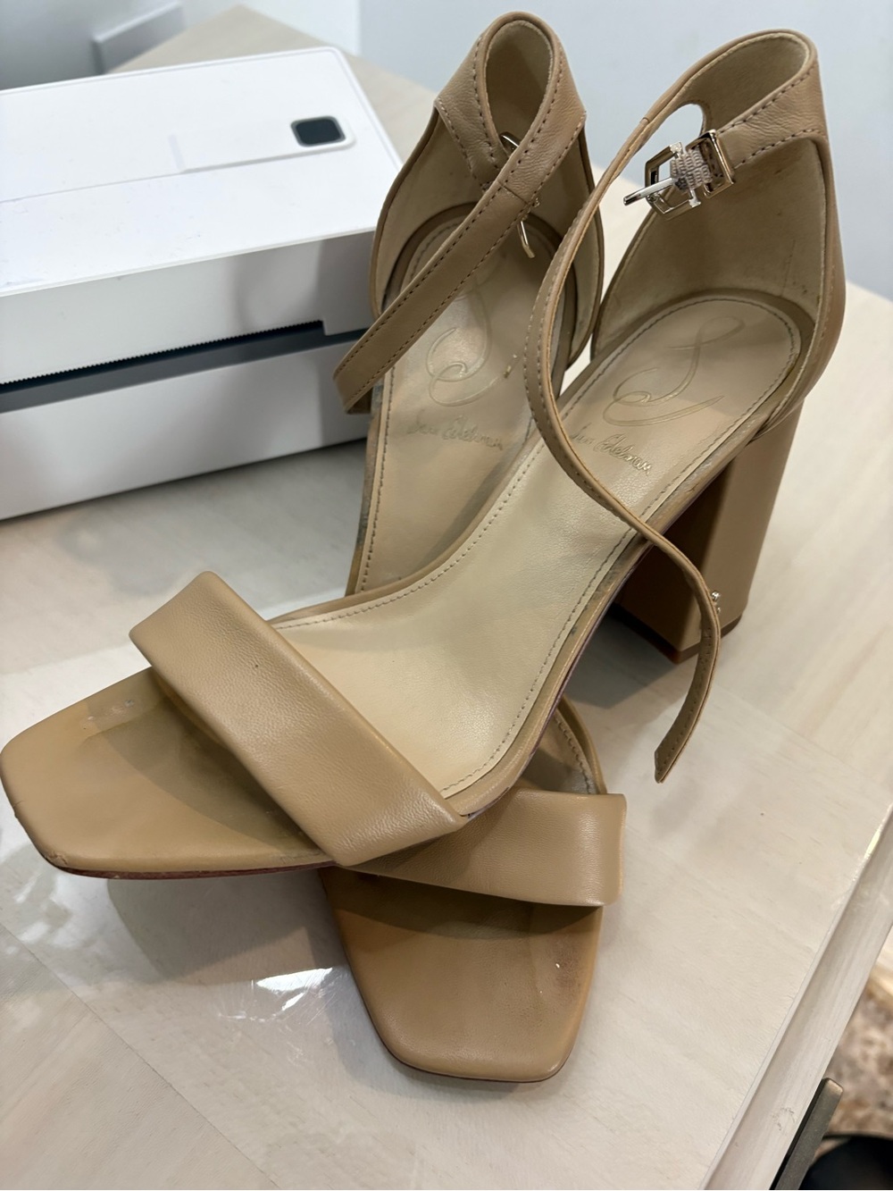 Women's Nude Ankle-Strap Block Heel Sandals
